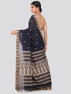 Black hand woven pure cotton saree with blouse 3