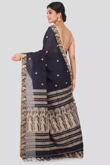 Black hand woven pure cotton saree with blouse