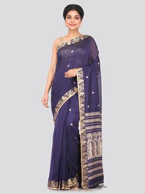 Blue hand woven pure cotton saree with blouse 1