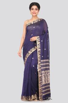 Blue hand woven pure cotton saree with blouse