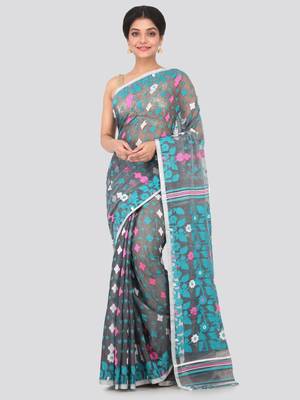 Grey Hand Woven Pure Cotton Saree Without Blouse 1