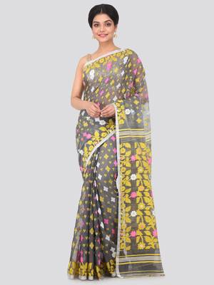 Grey Hand Woven Pure Cotton Saree Without Blouse 1