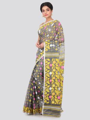 Grey Hand Woven Pure Cotton Saree Without Blouse 2