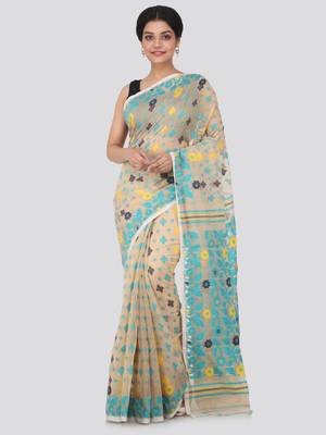 Beige Hand Woven Pure Cotton Saree Without Blouse 1