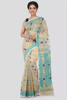 Beige Hand Woven Pure Cotton Saree Without Blouse