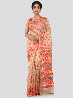 Beige Hand Woven Pure Cotton Saree Without Blouse 1