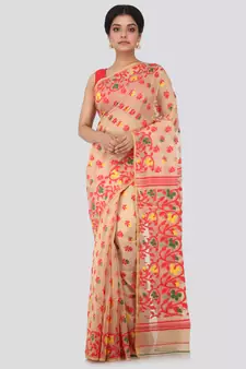 Beige Hand Woven Pure Cotton Saree Without Blouse