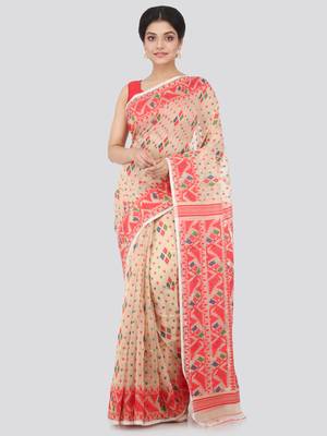 Beige Hand Woven Pure Cotton Saree Without Blouse 1