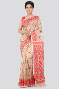 Beige Hand Woven Pure Cotton Saree Without Blouse