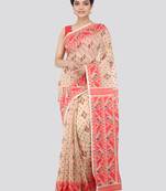 Beige Hand Woven Pure Cotton Saree Without Blouse