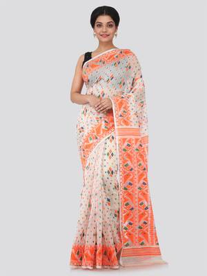White Hand Woven Pure Cotton Saree Without Blouse 1