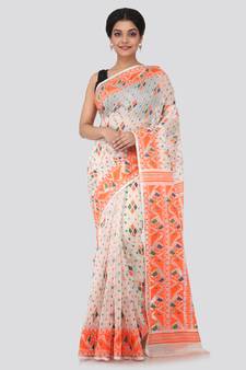 White Hand Woven Pure Cotton Saree Without Blouse