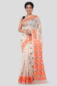 White Hand Woven Pure Cotton Saree Without Blouse