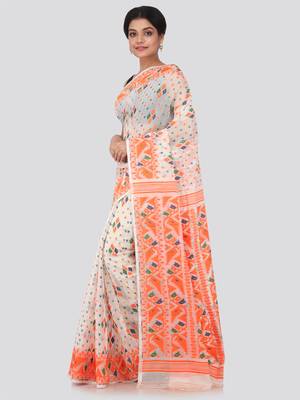 White Hand Woven Pure Cotton Saree Without Blouse 2
