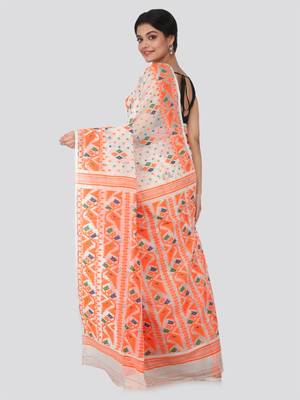 White Hand Woven Pure Cotton Saree Without Blouse 3