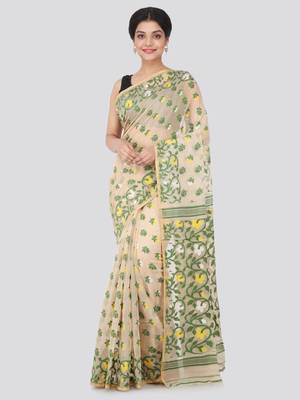Beige hand woven pure cotton saree  1