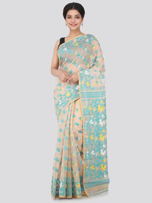 Beige Hand Woven Pure Cotton Saree Without Blouse 1