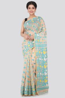 Beige Hand Woven Pure Cotton Saree Without Blouse