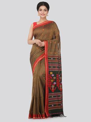 Brown hand woven pure cotton saree with blouse 1