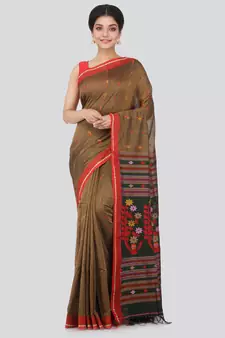 Brown hand woven pure cotton saree with blouse