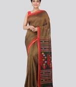 Brown hand woven pure cotton saree with blouse