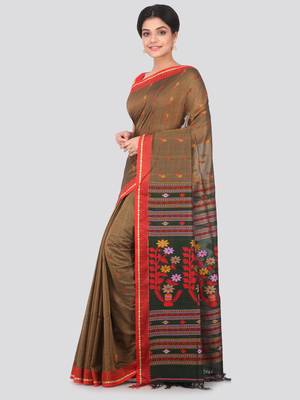 Brown hand woven pure cotton saree with blouse 2