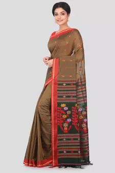 Brown hand woven pure cotton saree with blouse