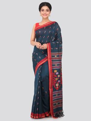 Blue hand woven pure cotton saree with blouse 1