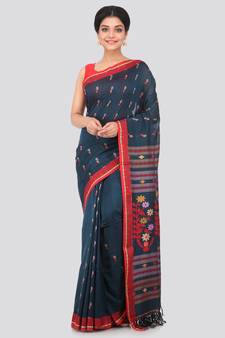 Blue hand woven pure cotton saree with blouse