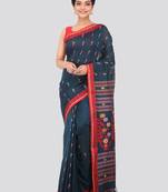 Blue hand woven pure cotton saree with blouse