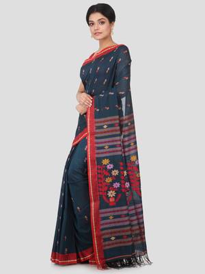 Blue hand woven pure cotton saree with blouse 2