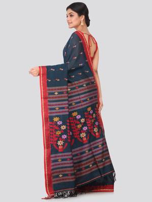 Blue hand woven pure cotton saree with blouse 3