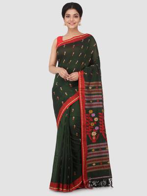 Dark green hand woven pure cotton saree with blouse 1