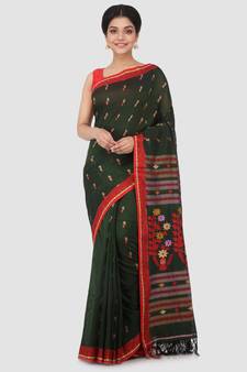 Dark green hand woven pure cotton saree with blouse