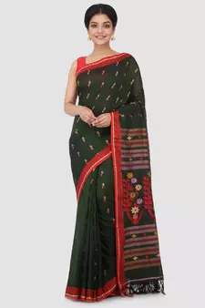 Dark green hand woven pure cotton saree with blouse