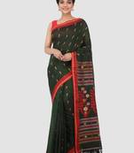 Dark green hand woven pure cotton saree with blouse