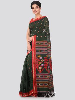 Dark green hand woven pure cotton saree with blouse 2
