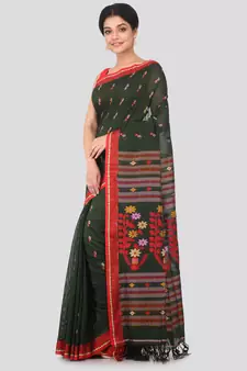Dark green hand woven pure cotton saree with blouse