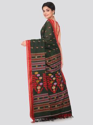 Dark green hand woven pure cotton saree with blouse 3