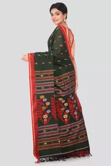 Dark green hand woven pure cotton saree with blouse