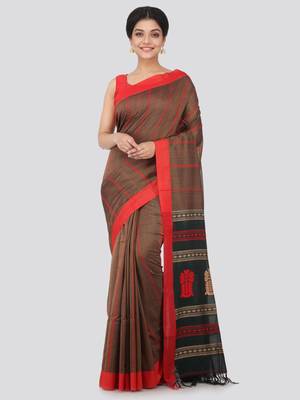 Brown hand woven pure cotton saree with blouse 1