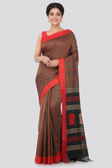 Brown hand woven pure cotton saree with blouse