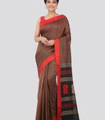 Brown hand woven pure cotton saree with blouse