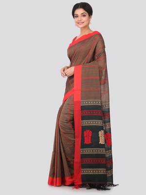 Brown hand woven pure cotton saree with blouse 2