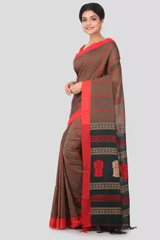 Brown hand woven pure cotton saree with blouse