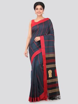 Blue hand woven pure cotton saree with blouse 1