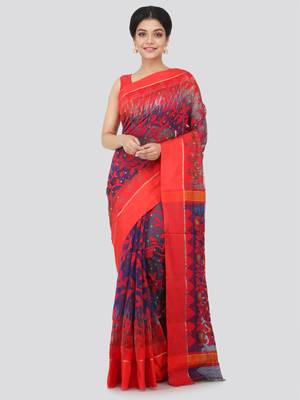 Blue Hand Woven Pure Cotton Saree Without Blouse 1