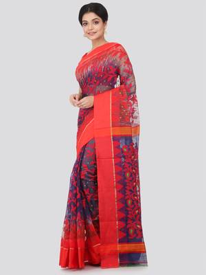 Blue Hand Woven Pure Cotton Saree Without Blouse 2