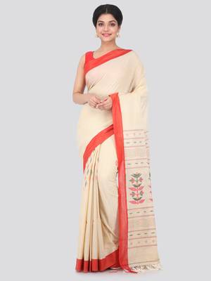 Beige hand woven pure cotton saree with blouse 1