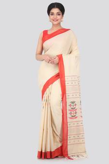 Beige hand woven pure cotton saree with blouse